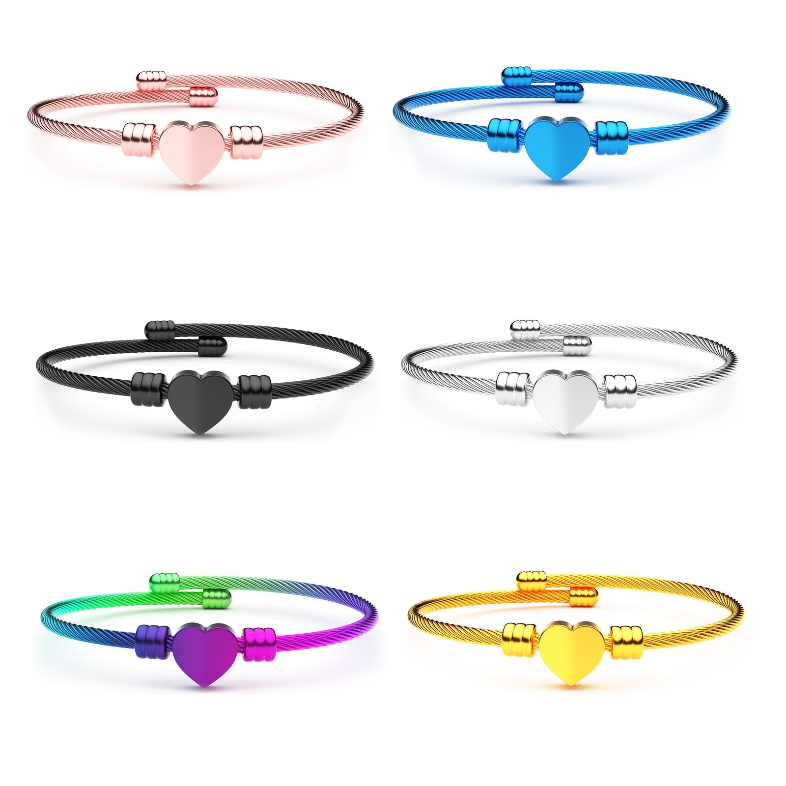 6pcs Multicolor Stainless Steel Heart Shaped Steel Wire Rope Adjustable Bracelet for Women Girl